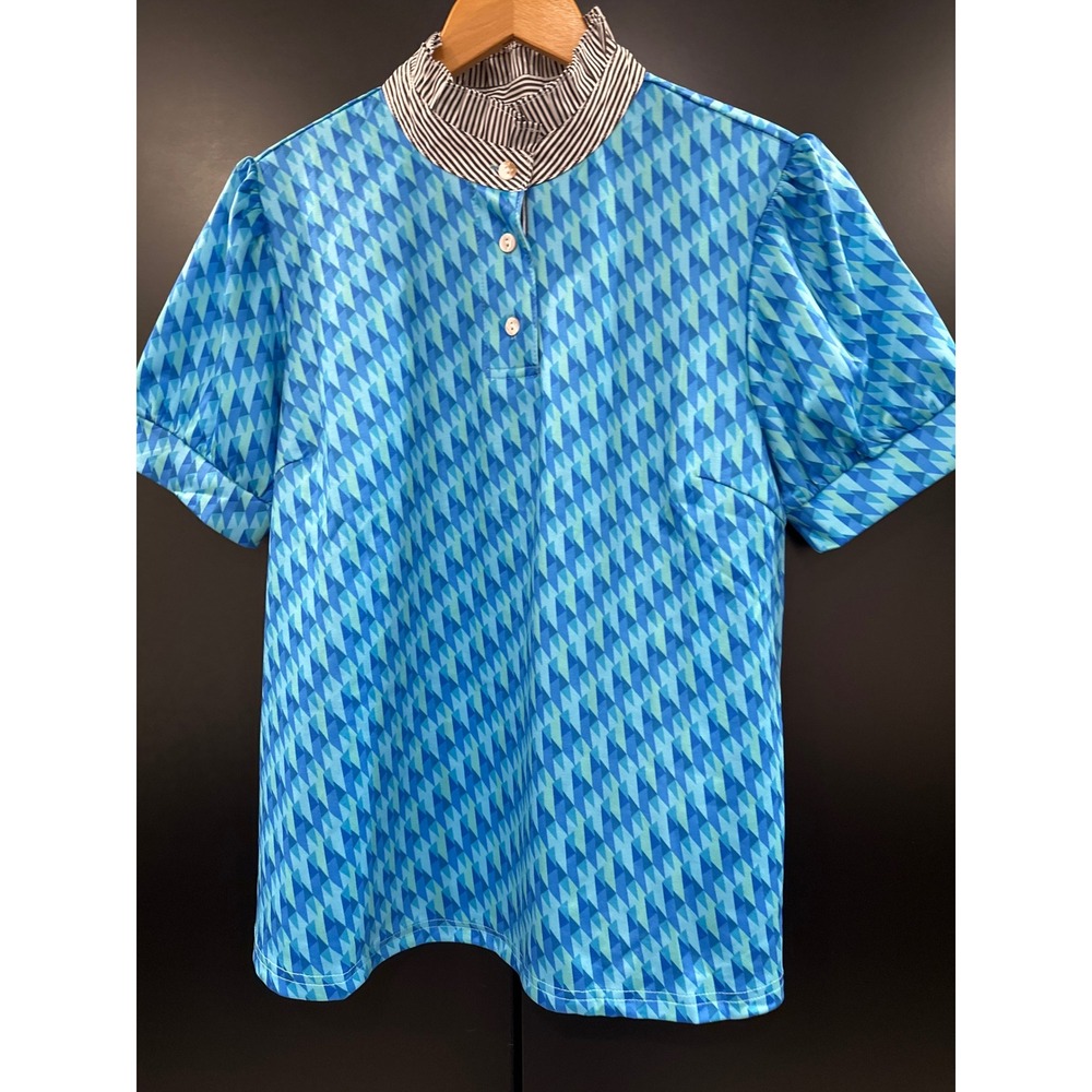 Umgee USA Blue Geometric Diamond Print Striped Collar Blouse XA1753 Large NEW